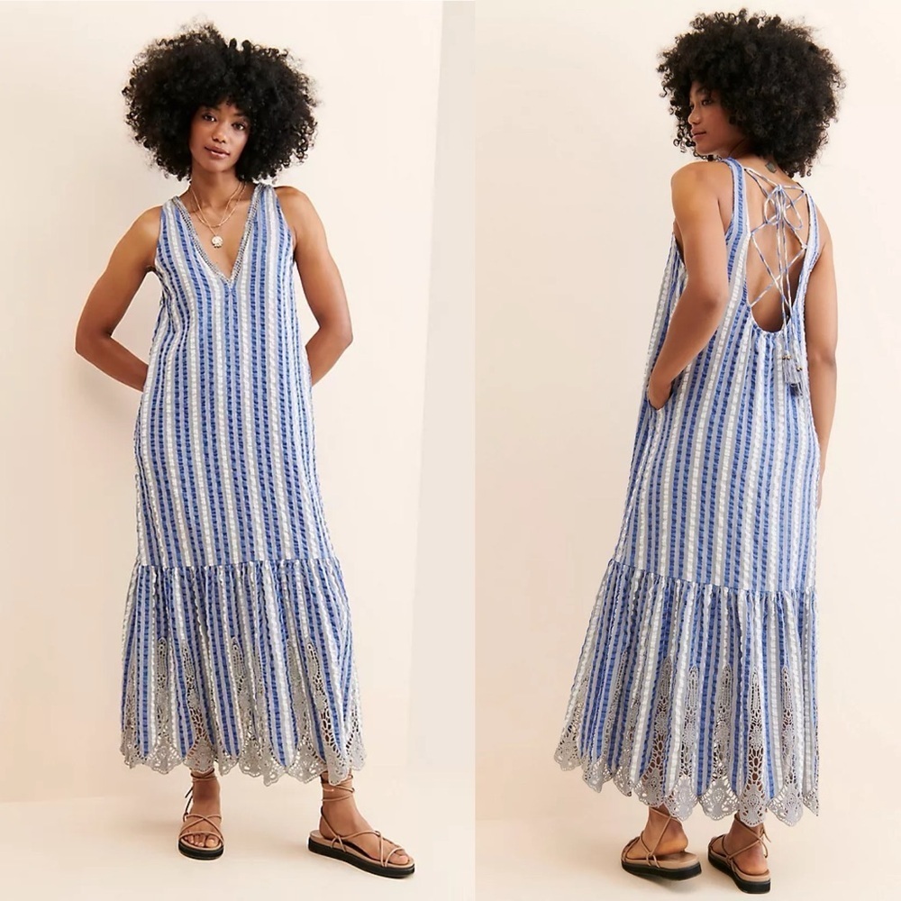 Anthropologie blue sleeveless tiered maxi crochet dress size medium beach boho